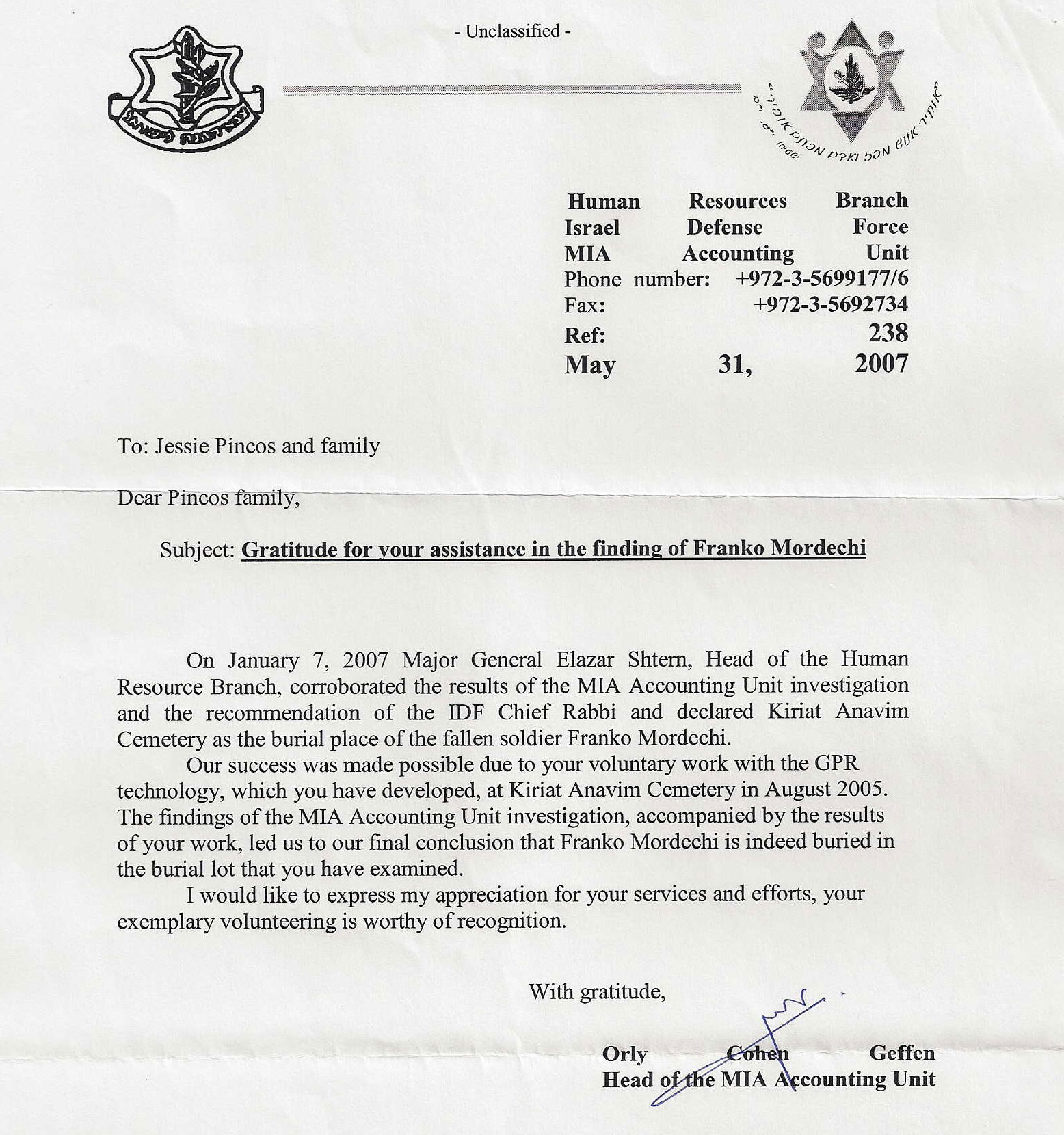 Letter of Gratitude from IDF - click to enlarge