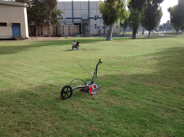 Ground penetrating radar survey at Groningen park, Yaffo. (Photo taken by Krister Kowalski)